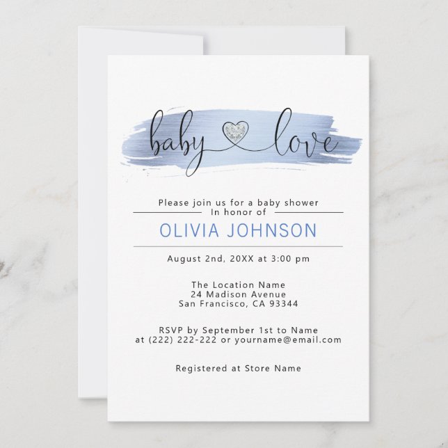 Convite Chá de fraldas Personalizado Baby Love Blue White (Frente)
