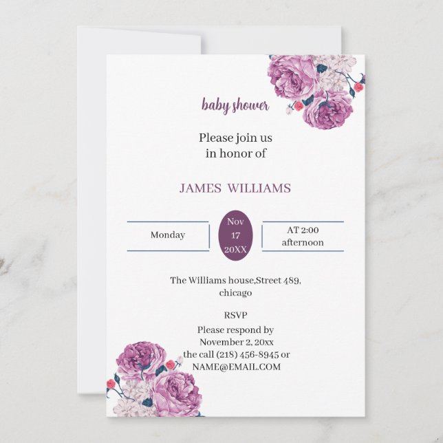 Convite Chá de fraldas Personalizado da Flor Roxo Elegante (Frente)