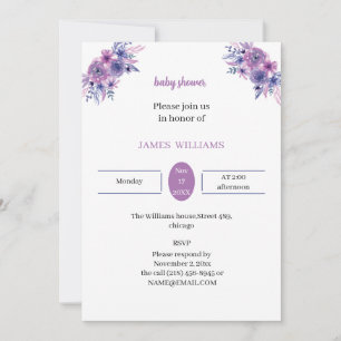 Convite Chá de fraldas Personalizado da Flor Roxo Elegante