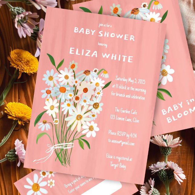 Convite Chá de fraldas Personalizado de Buquê de margarida (Cute Daisy Bouquet Handpainted Custom Baby Shower Invitation Pink Girl Baby in Bloom Cute)
