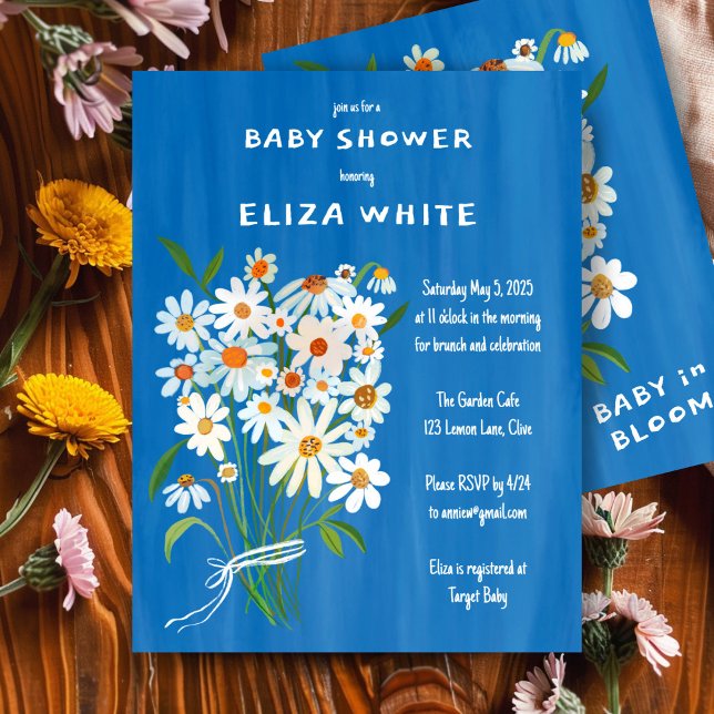 Convite Chá de fraldas Personalizado de Buquê de margarida (Cute Daisy Bouquet Handpainted Custom Baby Shower Invitation Blue Boy Gouache Art )
