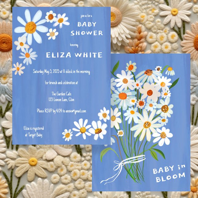 Convite Chá de fraldas Personalizado de Buquê de margarida (Cute Daisy Bouquet Handpainted Custom Baby Shower Invitation periwinkle Blue

)