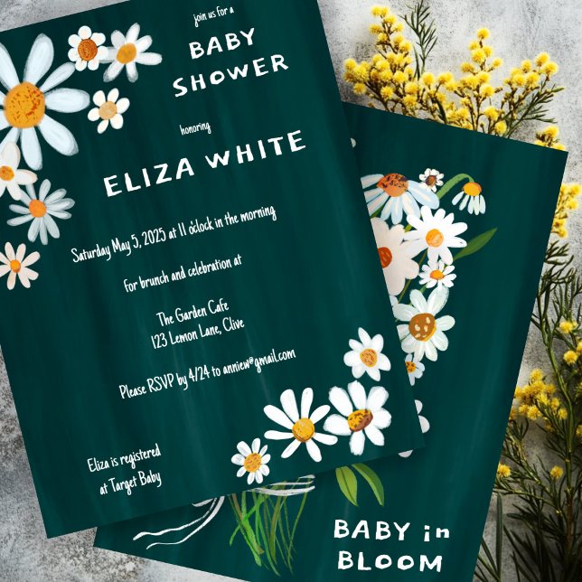 Convite Chá de fraldas Personalizado de Buquê de margarida (Cute Daisy Bouquet Handpainted Custom Baby Shower Invitation Green
)