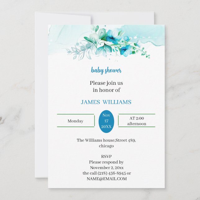 Convite Chá de fraldas Personalizado de Flor Azul Elegante (Frente)