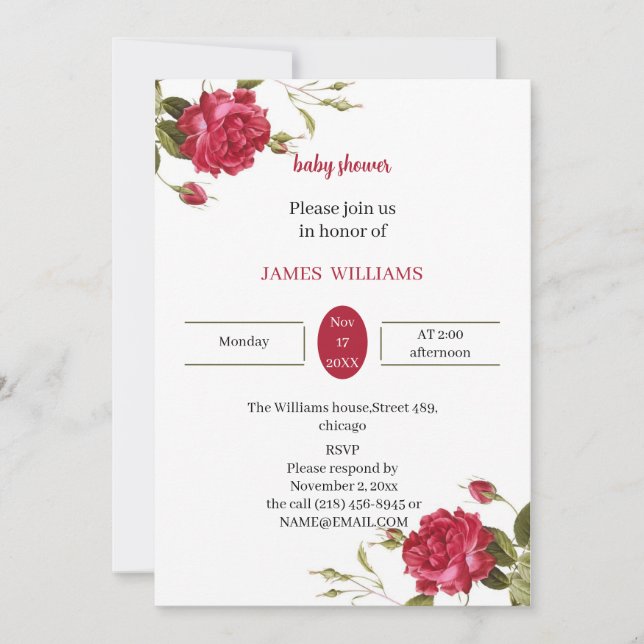 Convite Chá de fraldas Personalizado de Flor Vermelho Eleg (Frente)