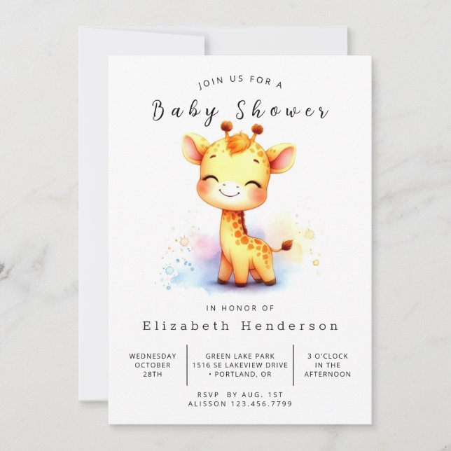 Convite Chá de fraldas Personalizado de Girafa Whimsical (Frente)