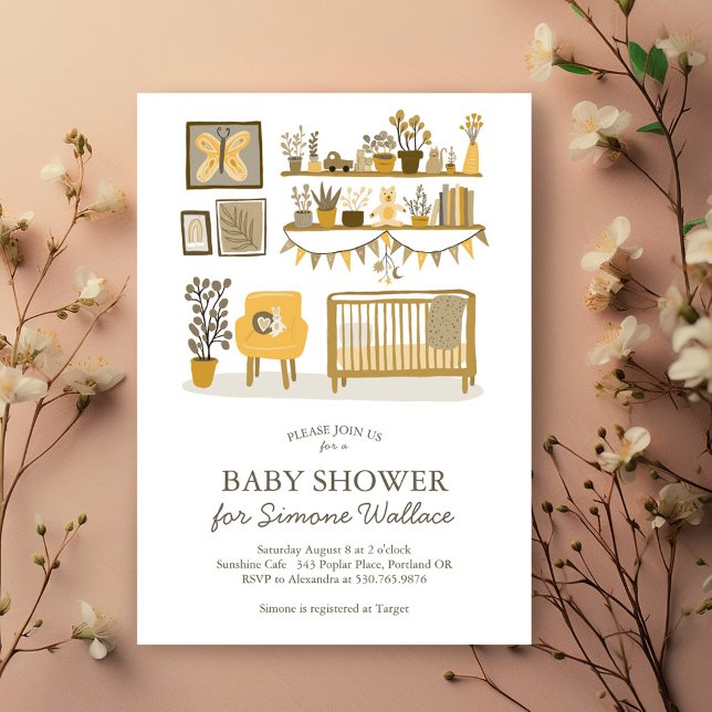 Convite Chá de fraldas PERSONALIZADO de Ilustração do Nurs (Cute Nursery Illustration CUSTOM BABY SHOWER Invitation neutral yellow colors - customize it!)