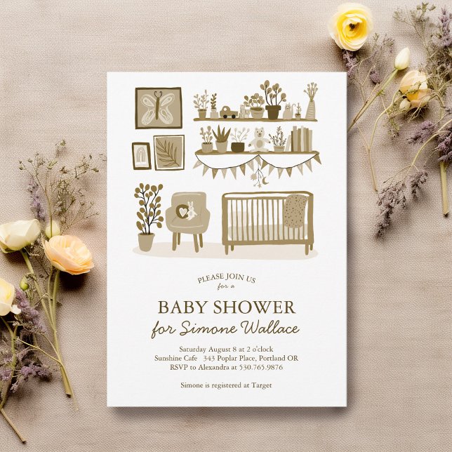 Convite Chá de fraldas PERSONALIZADO de Ilustração do Nurs (Cute Nursery Illustration CUSTOM BABY SHOWER Invitation
)