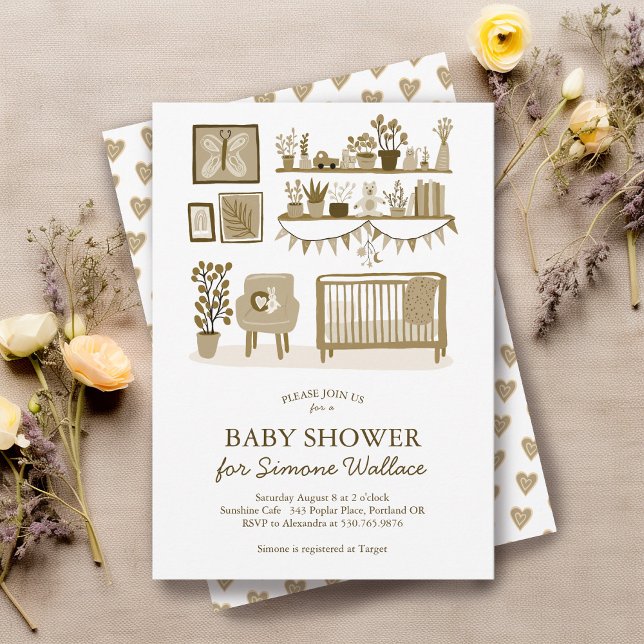 Convite Chá de fraldas PERSONALIZADO de Ilustração do Nurs (Cute Nursery Illustration CUSTOM BABY SHOWER Invitation
neutral colors baby crib )