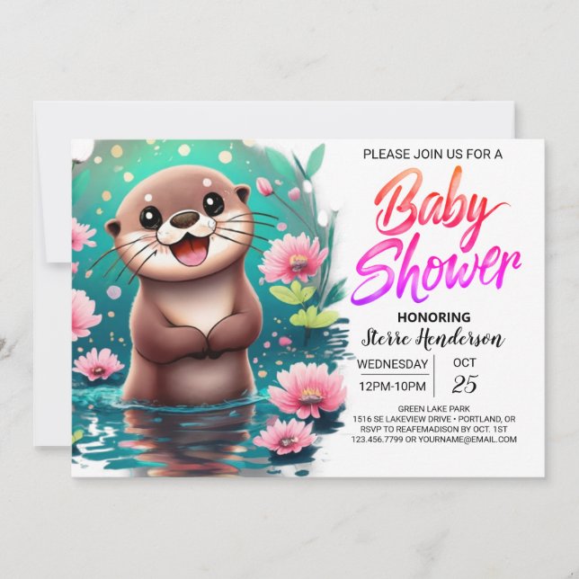 Convite Chá de fraldas Personalizado de Otter de Aquarela (Frente)