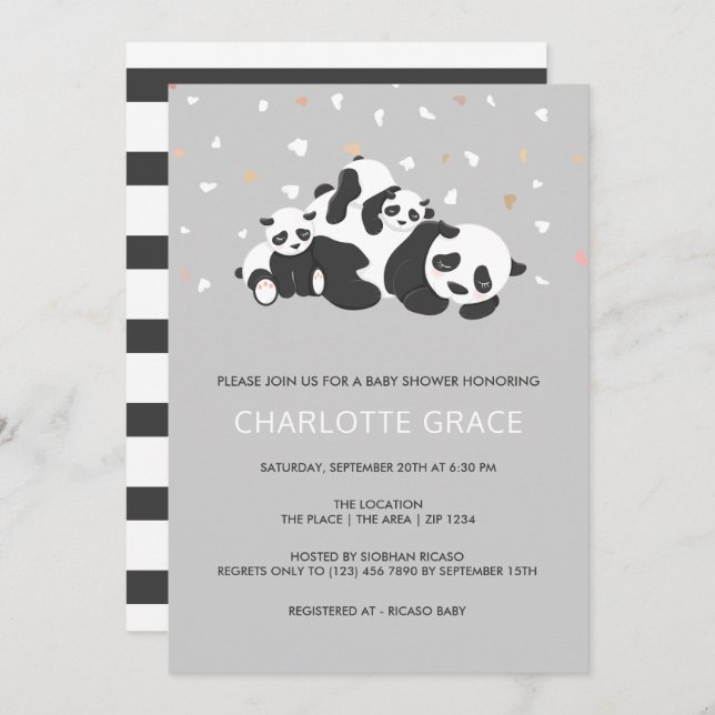 Convite Chá de fraldas Personalizado de Panda Gêmea (Frente/Verso)