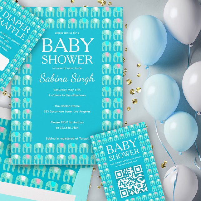 Convite Chá de fraldas Personalizado de Recorte de Padrão  (Elephant Pattern Cute Custom BABY SHOWER Invitation
Blue Pink Gender Neutral
)
