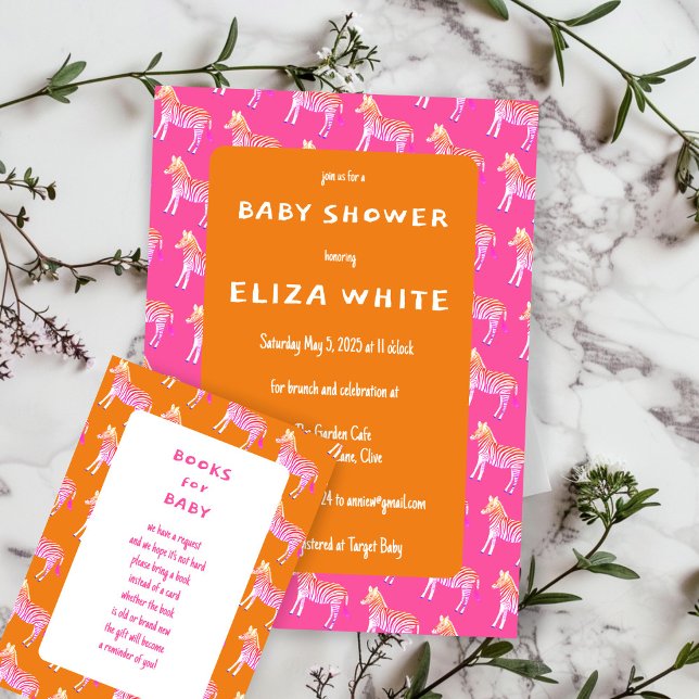 Convite Chá de fraldas Personalizado de Zebras Colorida Bo (Cute Colorful Zebras Custom Baby Shower Invitation Pink Orange Bold Bright
)