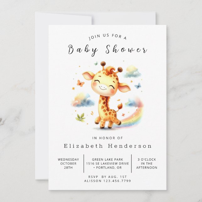 Convite Chá de fraldas Personalizado Graceful Giraffe (Frente)