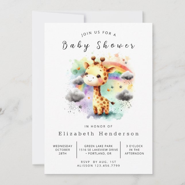 Convite Chá de fraldas Personalizado Graceful Giraffe (Frente)
