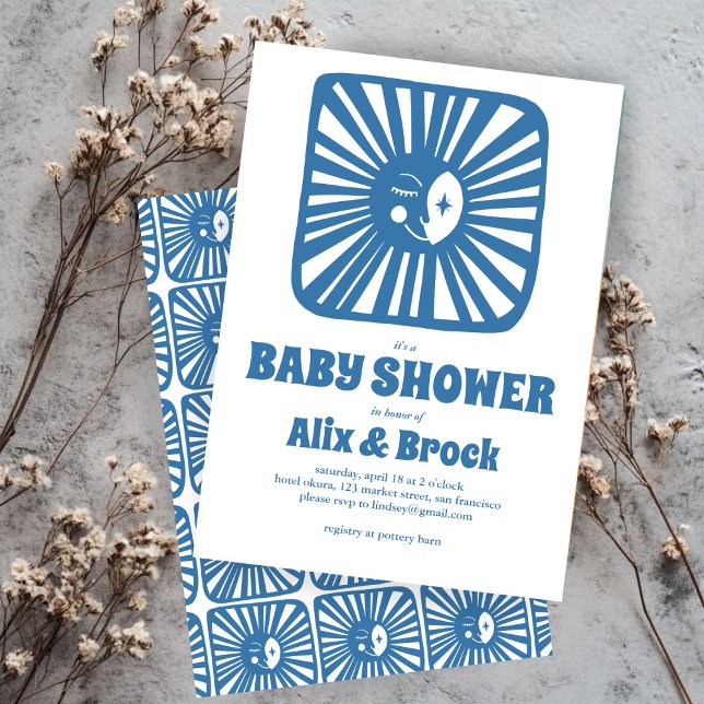 Convite Chá de fraldas Personalizado Moderno de Cubo de Lu (Moon Glow Boho Modern Cute Custom Baby Shower Invitation
)