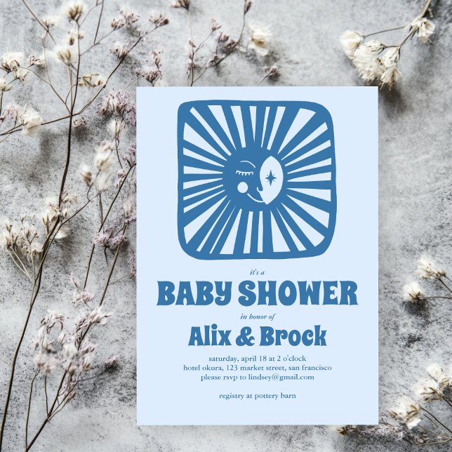 Convite Chá de fraldas Personalizado Moderno de Cubo de Lu (Moon Glow Boho Modern Cute Custom Baby Shower Invitation
)