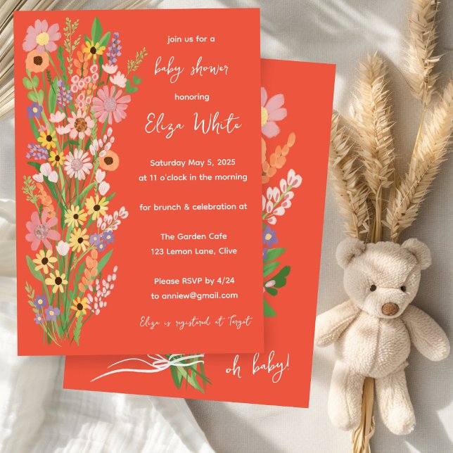 Convite Chá de fraldas Personalizado Pintado Manipulado (Wildflowers Handpainted Custom Baby Shower Invitation Orange
)