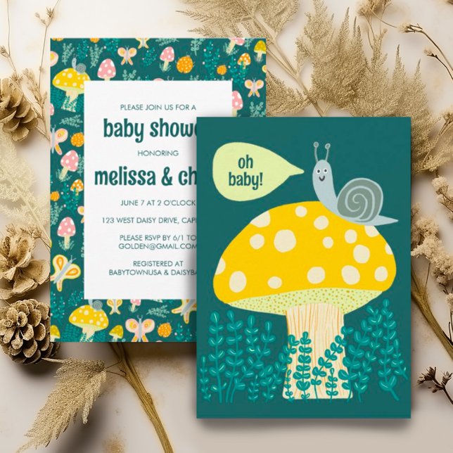 Convite Chá de fraldas PERSONALIZÁVEL Adorável De Cogumelo (Cute snail, mushroom, ladybug and butterfly colorful custom baby shower invitation. Gender neutral)