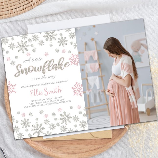 Convite Chá de fraldas personalizável da Wonderland de inv (Pink Photo Winter Baby Shower Invitations)