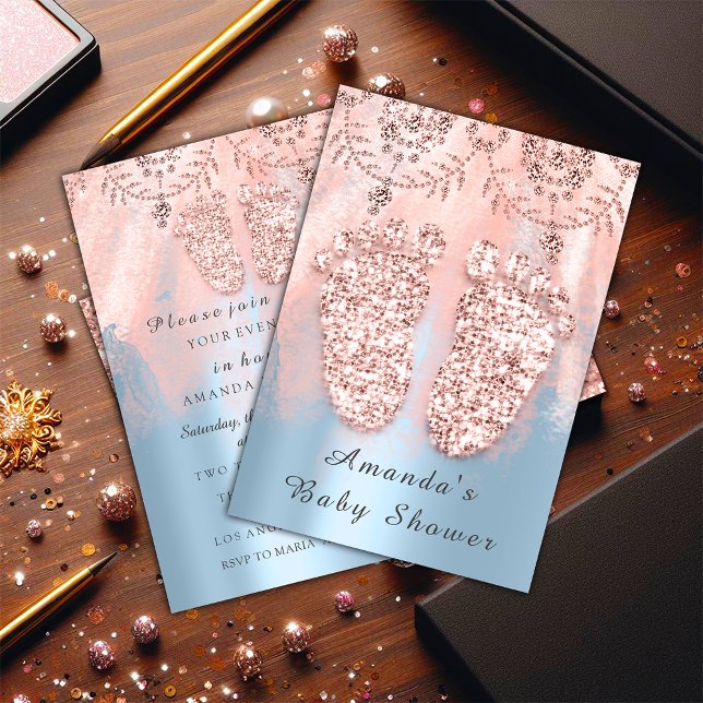 Convite Chá de fraldas Pés Silver Girl Royal Rosa Blue (Baby Shower Feet Silver Girl Boy Royal Rose Blue Invitation)