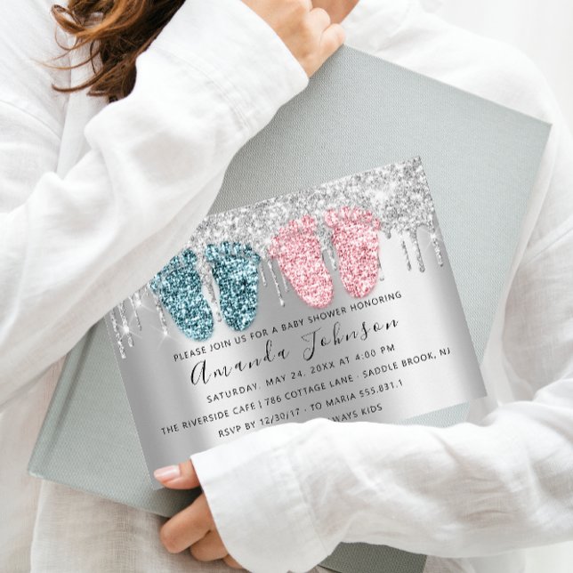 Convite Chá de fraldas pica Cinza de prata gêmeos gêmeos (Baby Shower Drips Silver Gray Feet Twins Boy Girl Invitation)