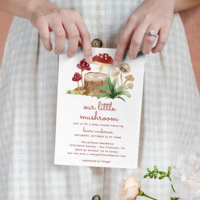 Convite Chá de fraldas Picnic do Cogumelo da Floresta de A (our little mushroom baby shower invitation with vichy background dress)