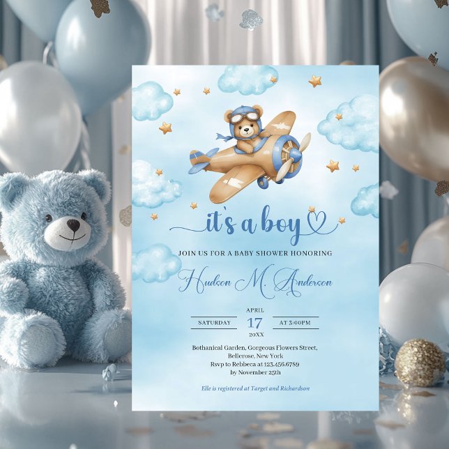Convite Chá de fraldas-piloto de ursinho (teddy bear pilot brown and blue boy baby shower invitation)