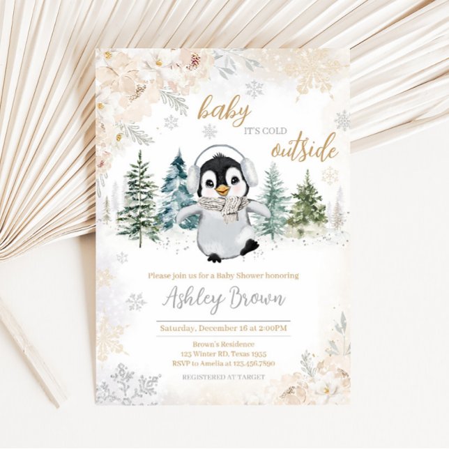 Convite Chá de fraldas Pinguim Ártico Inverno (Cold Outside Winter Penguin Baby Shower Invitation)