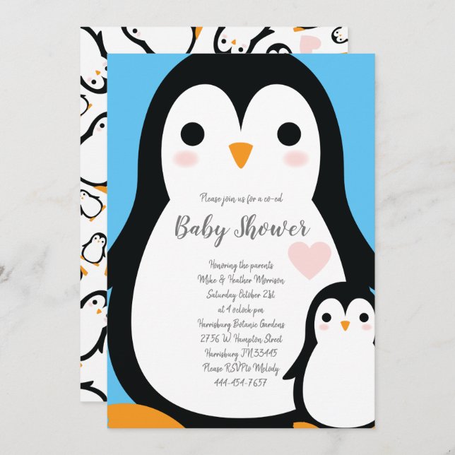 Convite Chá de fraldas Pinguim Gelado - Menino Azul (Frente/Verso)