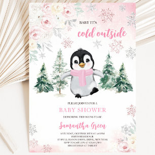 Convite Chá de fraldas Pinguim-Inverno Rosa