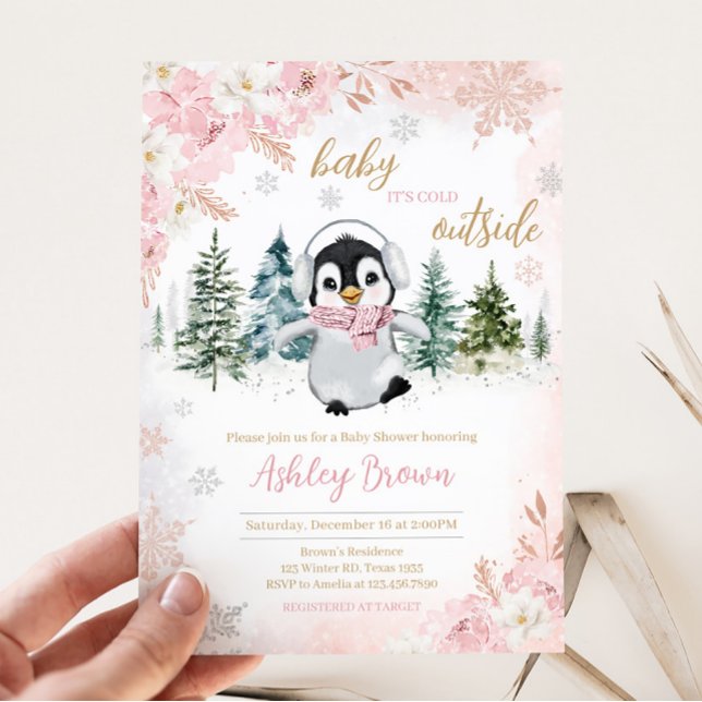 Convite Chá de fraldas Pinguim-Inverno Rosa (Girl Penguin Baby Shower Invitation)