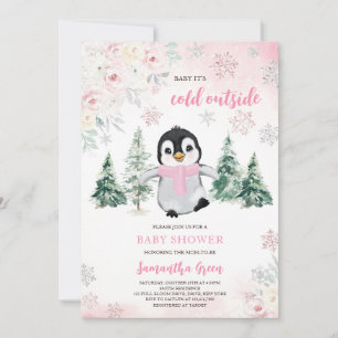 Convite Chá de fraldas Pinguim-Inverno Rosa