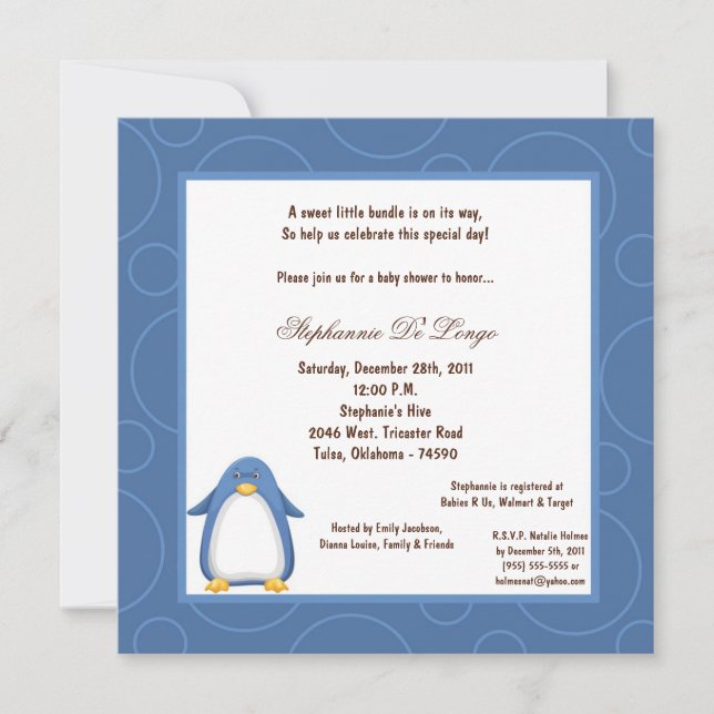 Convite chá de fraldas Pinguin Pok-a-Dot 5x7 (Frente)