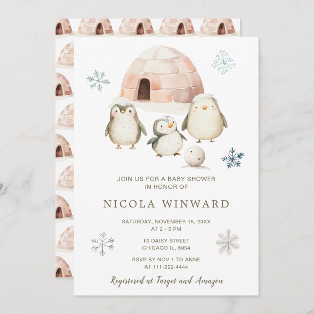 Convite Chá de fraldas Pinguins de inverno (Frente/Verso)