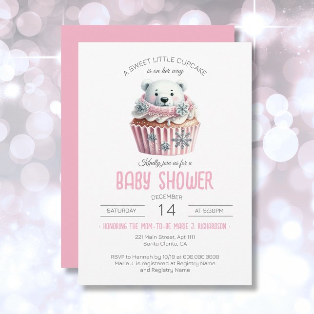 Convite Chá de fraldas Pink Pastel Pink, Cupcake doce (Polar Bear Sweet Little Cupcake Girl Baby Shower Invitation)