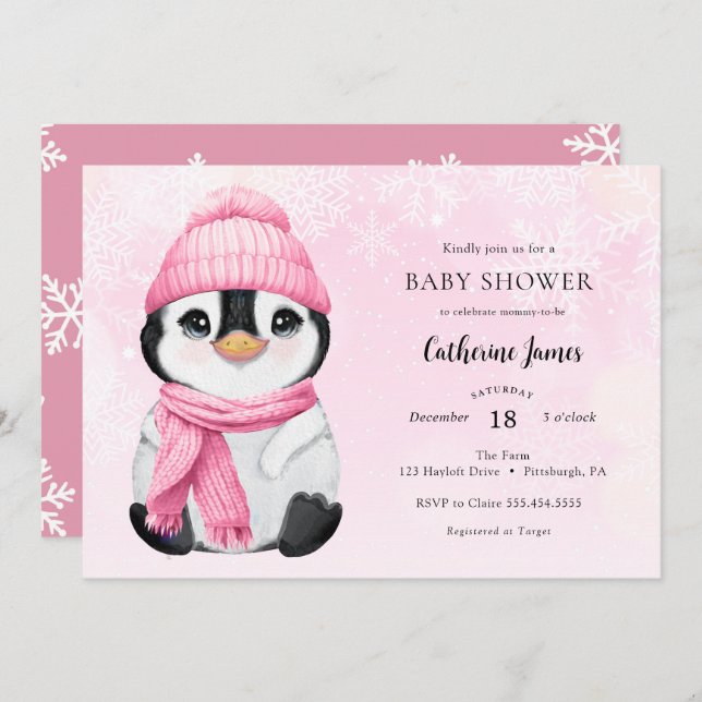 Convite Chá de fraldas Pink Winter Penguin (Frente/Verso)