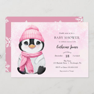 Convite Chá de fraldas Pink Winter Penguin