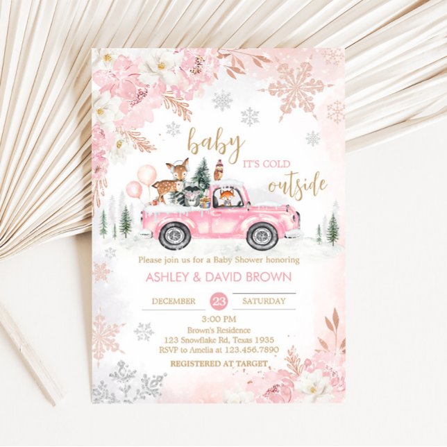 Convite Chá de fraldas Pink Winter Woodland (Pink Baby It's Cold Outside Baby Shower Invitation)