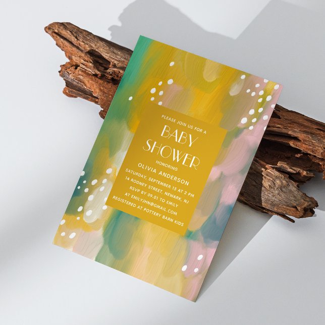 Convite Chá de fraldas pintado de óleo verde amarelo brilh (Criador carregado)