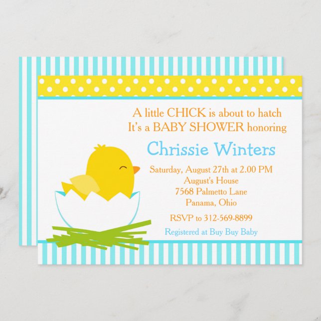 Convite Chá de fraldas Pintinho de Menino Azul e Amarelo (Frente/Verso)