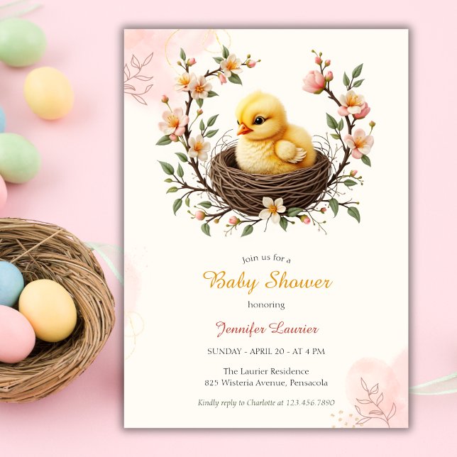 Convite Chá de fraldas pintinho Nest Pink Floral Wreath Pá (Chick Nest Pink Floral Wreath Easter Baby Shower Invitation)