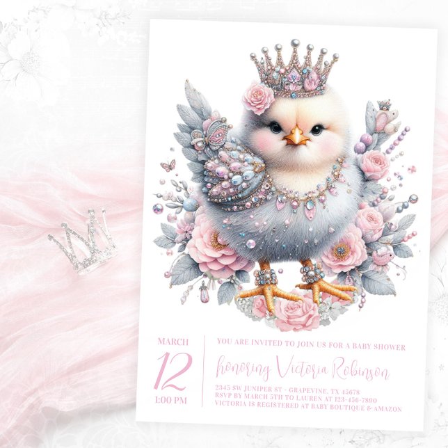 Convite Chá de fraldas Pintinho páscoa (Precious newborn chick with jewels and crown on a pink floral background. )