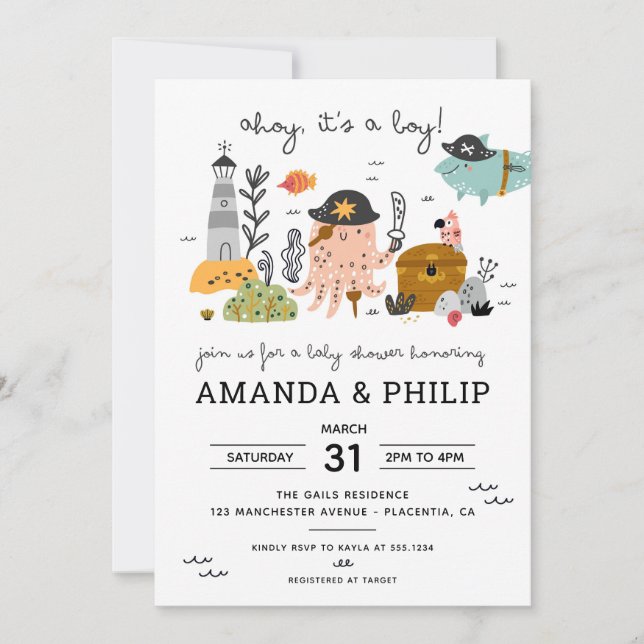 Convite Chá de fraldas pirata Ahoy É um menino (Frente)