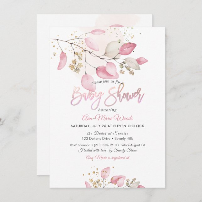 Convite Chá de fraldas PixDezines Goma Rosa Eucalyptus (Frente/Verso)