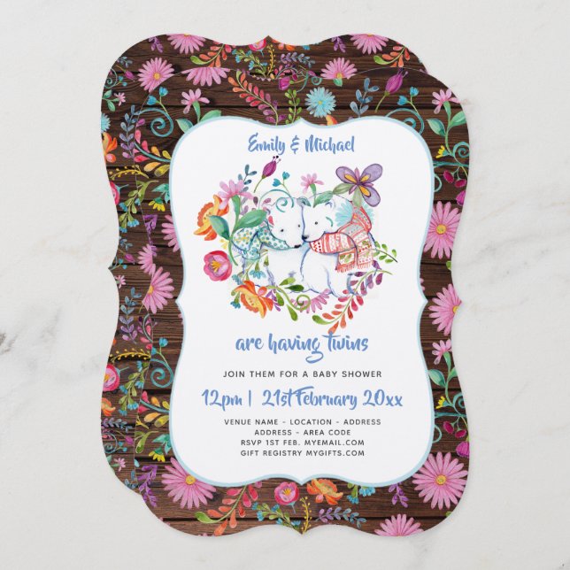 Convite Chá de fraldas Polar Bear TWINS Convida Flores de  (Frente/Verso)
