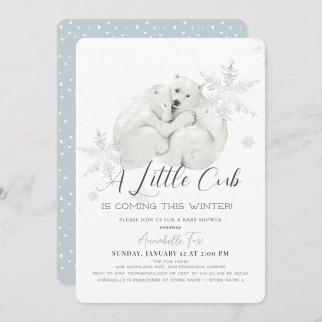 Convite Chá de fraldas Polar Bear Winter Snowflake Blue Bo (Frente/Verso)