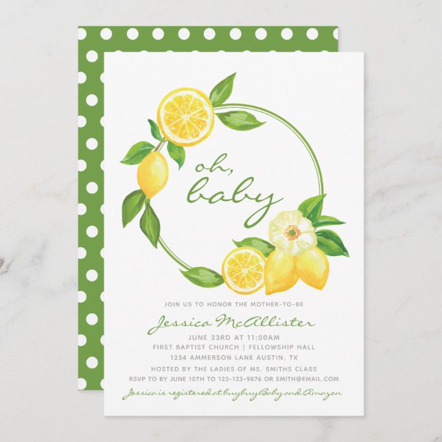 Convite Chá de fraldas Polkadot Verde de Citrus Amarelo Le (Frente/Verso)