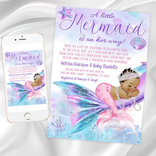Convite Chá de fraldas por Chá de fraldas de Sereia Étnica (Mermaid Baby Shower By Mail Invitation. Instant download and printed invitations available.)