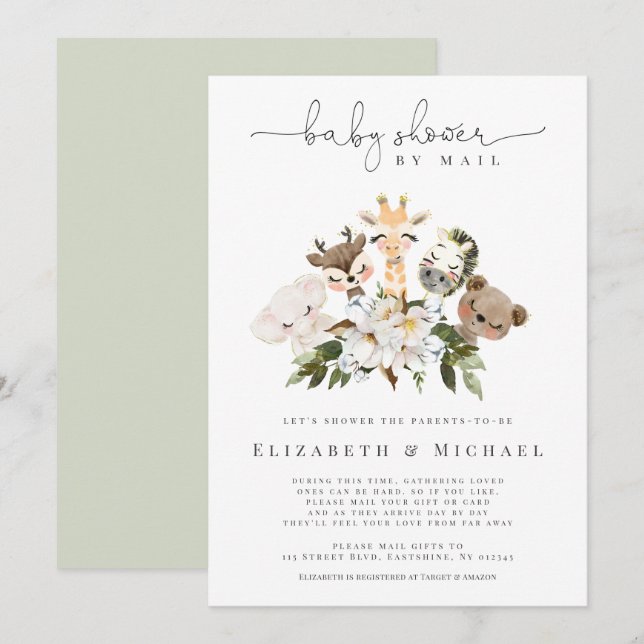 Convite Chá de fraldas Por Correio De Animais Faux Dourado (Frente/Verso)